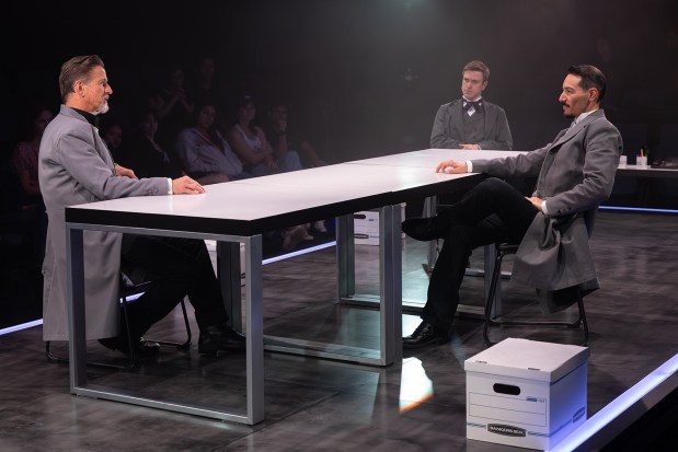 Bruce Turk, left, Jacob Caltrider and Steven Lone in Cygnet Theatre's production of Stefano Massini's play "The Lehman Trilogy." (Karli Cadel)
