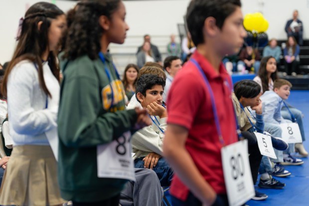Students nervously wait their turn at the spelling bee at Jackie Robinson Family YMCA on Thursday, March 5, 2026. (Nelvin C. Cepeda / The San Diego Union-Tribune)