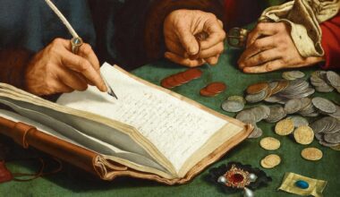 a painting showing a ledger being written in and gold and silver coins