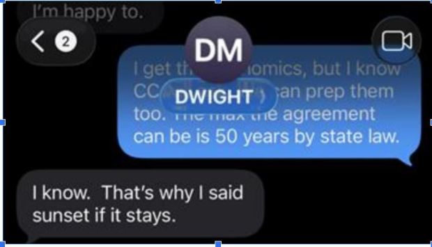 Screenshot of texts between developer Dwight Manley and Assistant City Manager Jason Killebrew