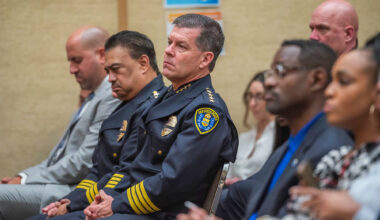 Police Chief Scott Wahl (center) attends the San Diego State of the City speech on Wednesday, Jan. 15, 2025, at City Hall in downtown San Diego. / Photo by Vito di Stefano