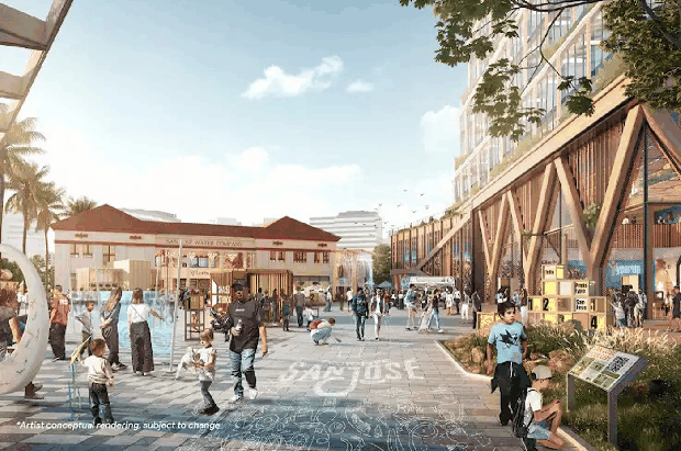 The historic two-story San Jose Water Co. building, now owned by Google, and the adjacent parking lot at West Santa Clara Street and Delmas Avenue in San Jose are seen March 5, 2026. A Google rendering shows what the site could have become under the proposed Downtown West development. (Google rendering and Dai Sugano/Bay Area News Group)