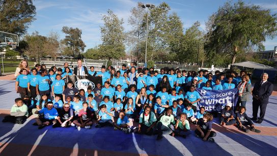 The Boys and Girls Club of America Long Beach pose with FOX talent Alexi Lalas, Cobi Jones, Jenny Taft and former USWNT player Danielle Slaton at Soccer Forward Fest in Long Beach, California on March 3, 2026