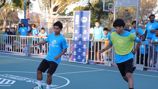 Youth participate in soccer skills station at the  “100 Days to FIFA World Cup 2026™” Soccer Forward Fest in Long Beach, California on March 3, 2026.