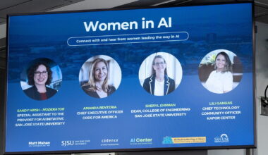 Women in AI, SJSU, Charles W. Davidson College of Engineering, Sheryl Ehrman, SJSU President Cynthia Teniente-Matson, Sandra Hirsh, Amanda Renteria, CEO of Code for America, Lili Gangas, Kapor Center