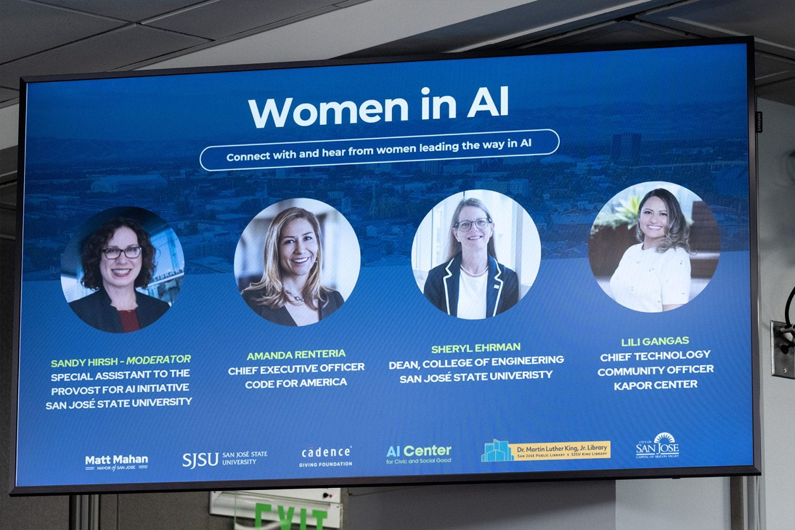 Women in AI, SJSU, Charles W. Davidson College of Engineering, Sheryl Ehrman, SJSU President Cynthia Teniente-Matson, Sandra Hirsh, Amanda Renteria, CEO of Code for America, Lili Gangas, Kapor Center