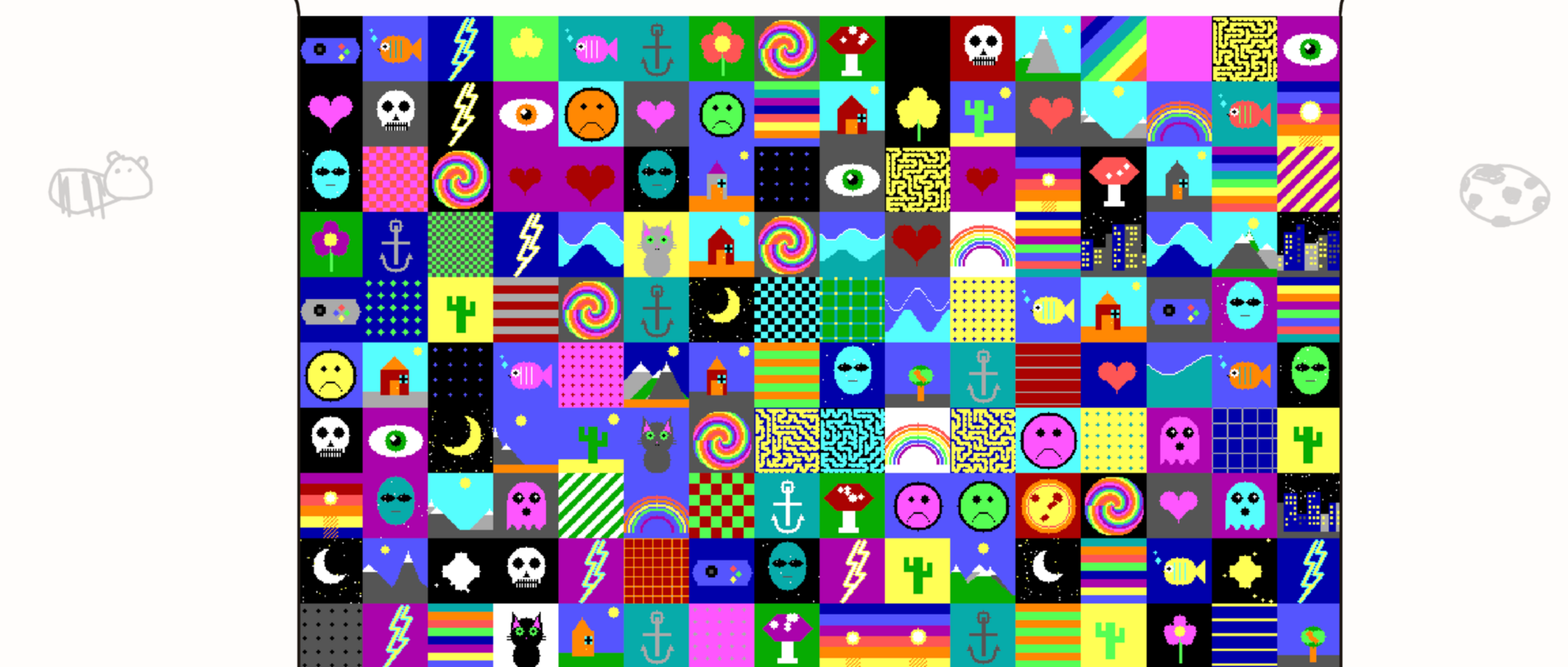 Colorful grid of small squares featuring various icons like hearts, anchors, moons, skulls, fish, rainbows, cats, and abstract patterns.