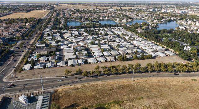 An aerial view of the corner of El Centro Road and Arena Boulevard in North Natomas on Sept. 11, 2025. The city-owned property is one of four eyed for tiny homes for homeless residents age 55 and older.