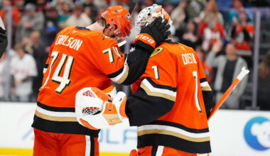 Apr 9, 2026; Anaheim, California, USA; Anaheim Ducks defenseman John Carlson (74) and goaltender Lukas Dostal (1) celebrate after the game at the Honda Center. Mandatory Credit: Kirby Lee-Imagn Images