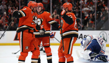 Apr 24, 2026; Anaheim, California, USA;  Anaheim Ducks left wing Alex Killorn (left) celebrates with center Mikael Granlund (right) after scoring a goal during the second period against the Edmonton Oilers in game three of the first round of the 2026 Stanley Cup Playoffs at Honda Center. Mandatory Credit: Kiyoshi Mio-Imagn Images