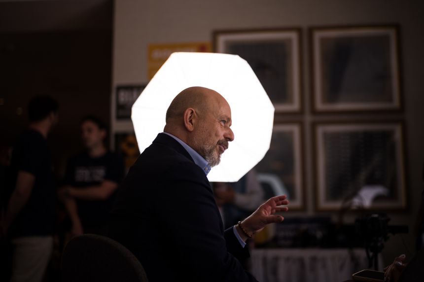California gubernatorial candidate Steve Hilton talks to a reporter at the California Republican Party Convention in San Diego, on April 10.