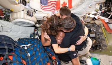 "Mission Specialist Christina Koch, left, Mission Specialist Jeremy Hansen, Commander Reid Wiseman, and Pilot Victor Glover – take time out for a group hug inside the Orion spacecraft on their way home," NASA stated. (NASA)