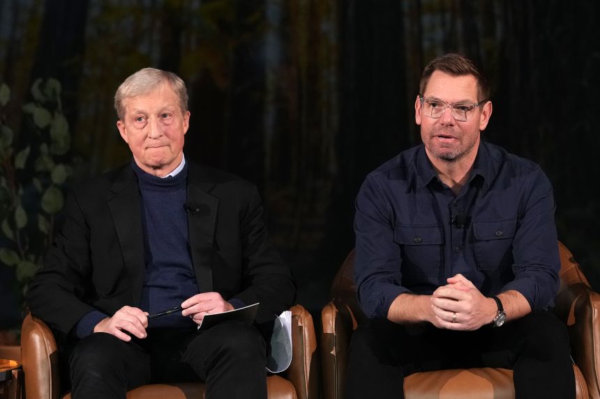 Tom Steyer and Eric Swalwell attend a climate-focused gubernatorial forum in Pasadena, California, on January 28.