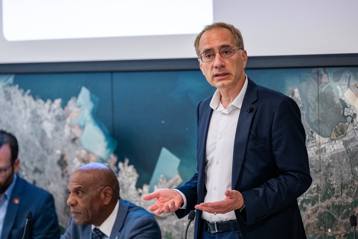 Patrick Wolff, a financial analyst, speaks during a forum for candidates for California insurance commissioner at the San Francisco Bay Area Planning and Urban Research Association (SPUR) in San Francisco on April 9, 2026.