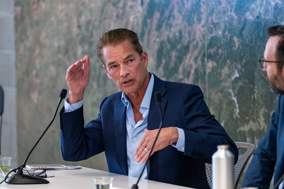 Merritt Farren, an attorney and tech executive, speaks during a forum for candidates for California insurance commissioner at the San Francisco Bay Area Planning and Urban Research Association (SPUR) in San Francisco on April 9, 2026.