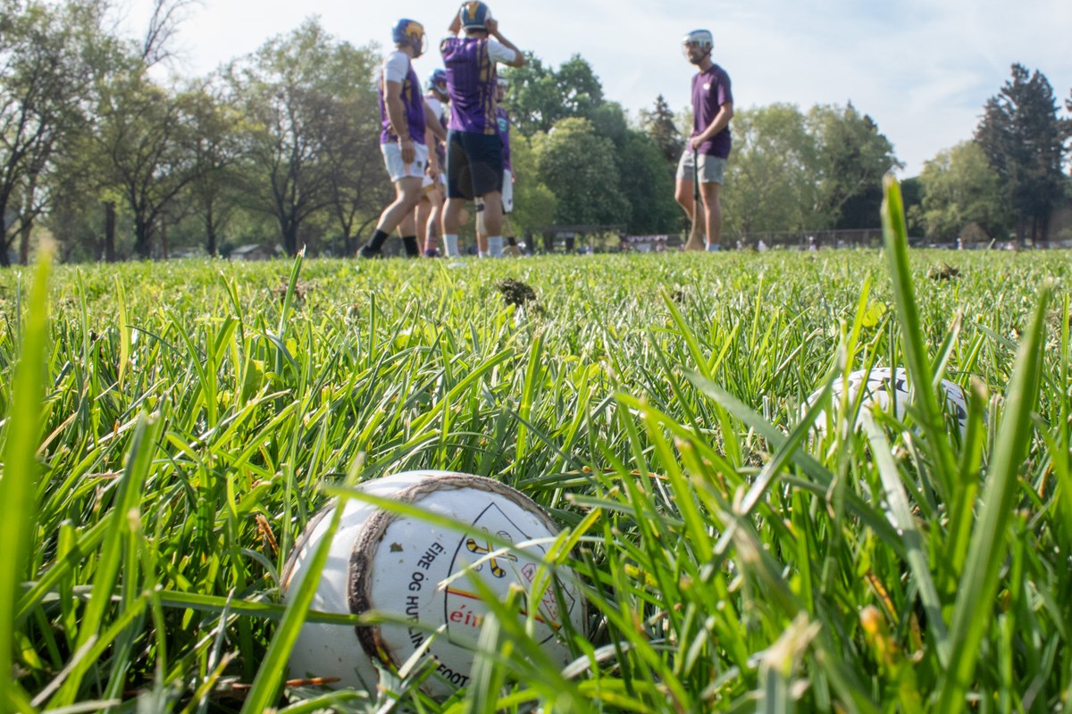A pair of sliotars lie in the grass during a Sacramento Kavanagh's practice Saturday, March 21, 2026, in Sacramento.