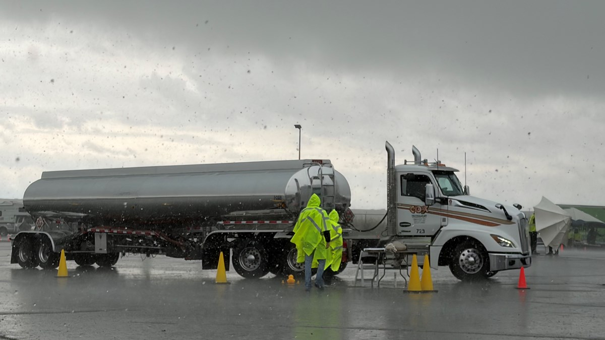 A truck navigates the course in heavy rain at the Northern California Truck Driving Championships in West Sacramento on Saturday, April 11, 2026. Officials called the competition early due to extreme weather.