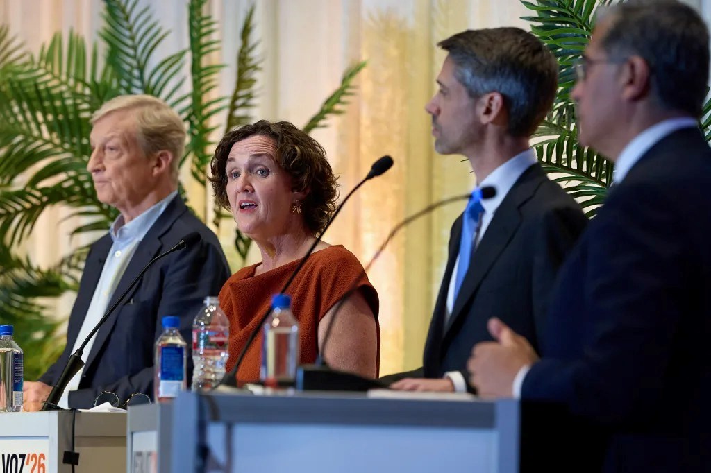 Second from left, Katie Porter speaks during a gubernatorial candidate forum hosted by California Immigrant Policy Center, California Latino Legislative Caucus Foundation, and ACLU California Action at the SAFE Credit Union Convention Center in Sacramento on April 14, 2026