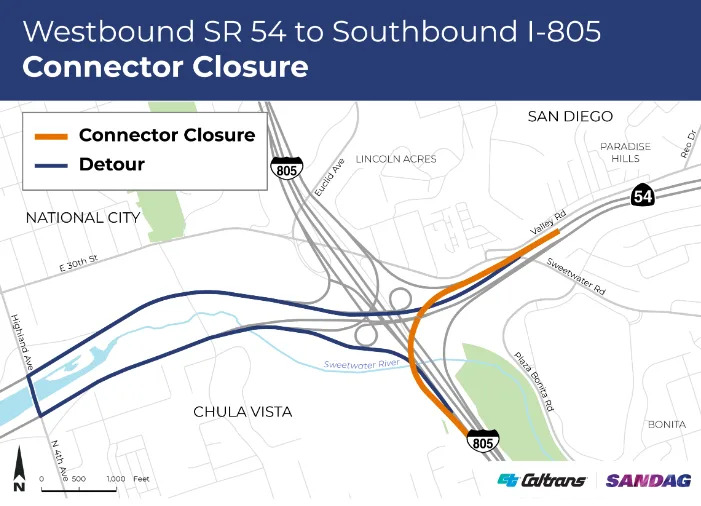 Closure Alert: Westbound SR 54 to Southbound I-805 and Telegraph Canyon Road Closed Evenings April 6-9 (PHOTO: Caltrans)
