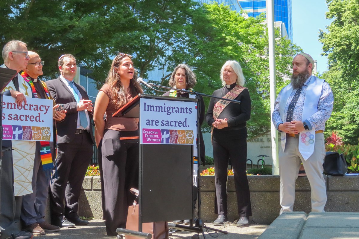 Daniela Valladares Hernandez speaks during a multi-faith prayer and vigil Thursday, April 23, 2026, outside of the John Moss Federal Building in downtown Sacramento.