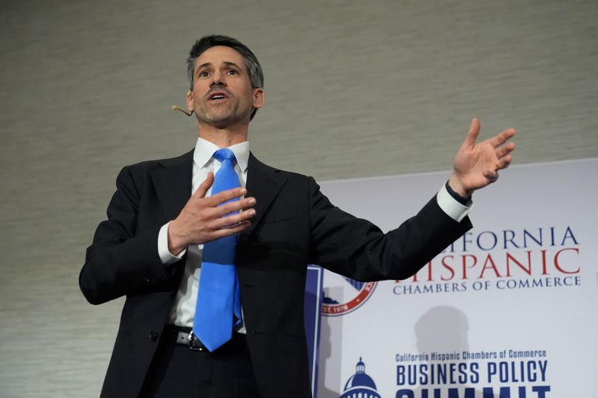 Matt Mahan speaks during a gubernatorial candidate forum in Sacramento, California, on April 14.