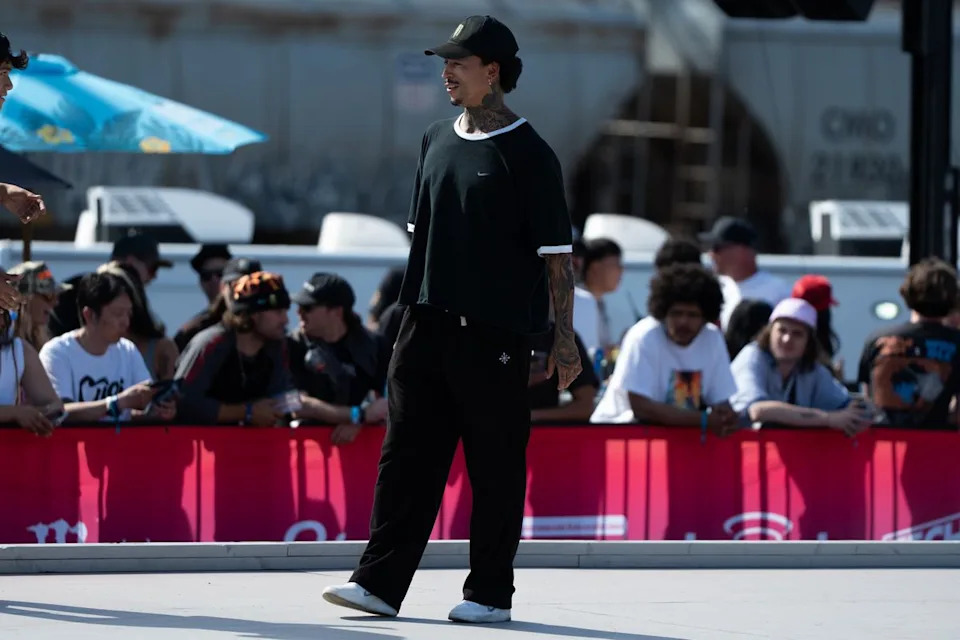 Nyjah Huston checks out the course before the mens final during SLS Takeover Saturday, April 4th, 2026 in Downtown Los Angeles