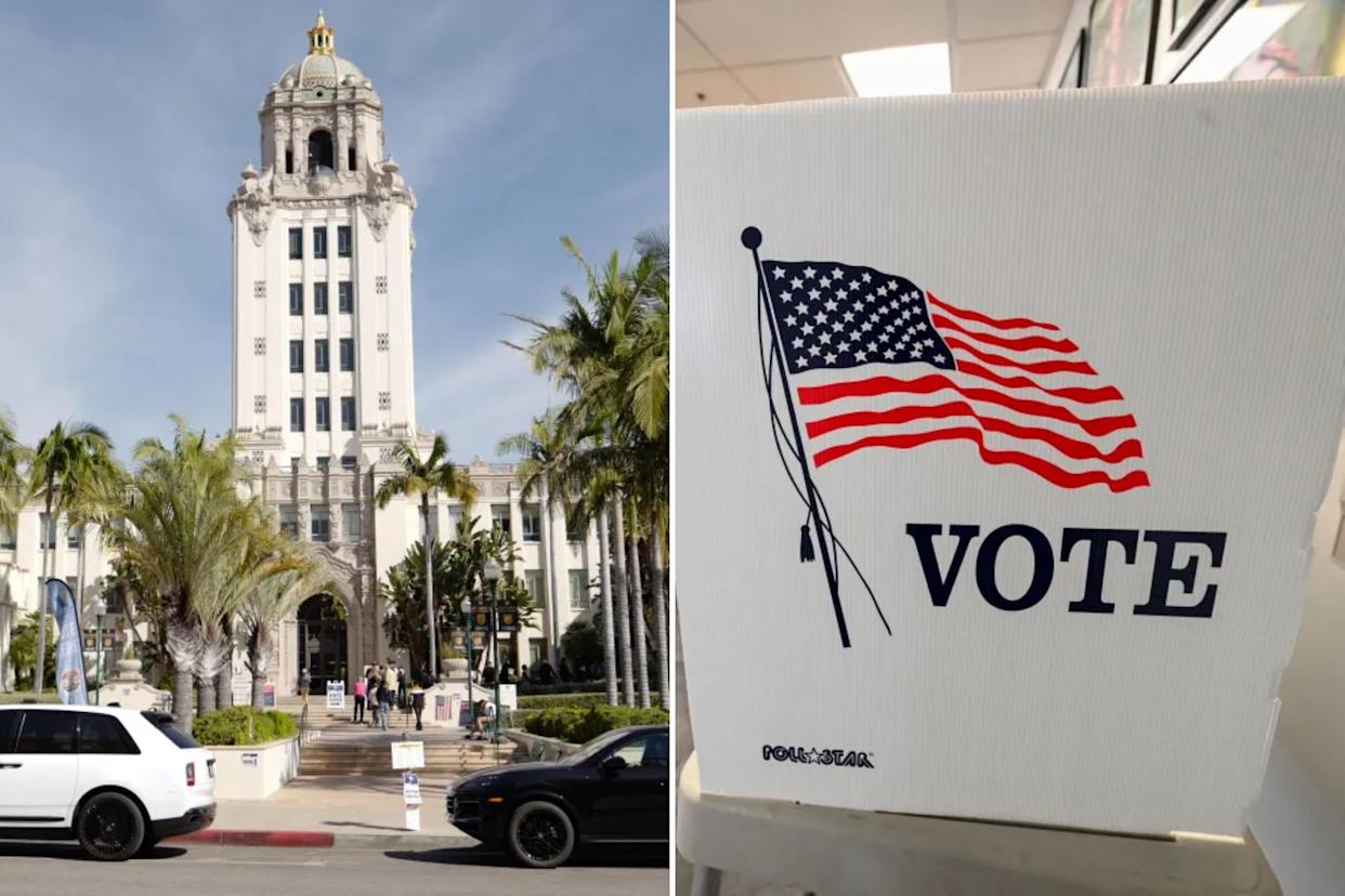 An image collage containing 2 images, Image 1 shows Cars arriving at Beverly Hills City Hall to vote on Election Day, Image 2 shows Voting machine with an American flag and 