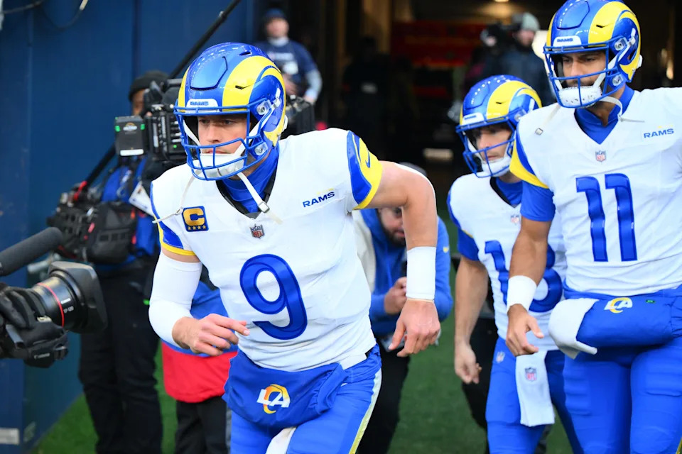 Los Angeles Rams quarterback Matthew Stafford (9) walks on the field before the 2026 NFC Championship Game against the Seattle Seahawks at Lumen Field in Seattle, Washington, on Jan. 25, 2026.
