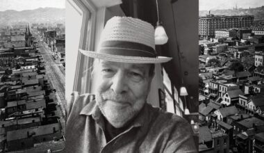Black and white photo of a smiling older man in a straw hat, overlaid on a vintage cityscape with buildings, streets, and distant hills.