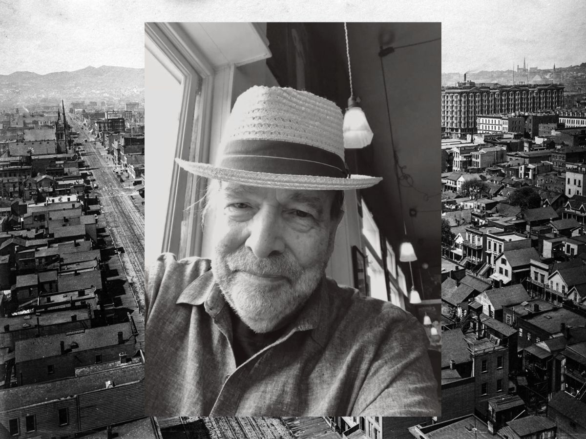 Black and white photo of a smiling older man in a straw hat, overlaid on a vintage cityscape with buildings, streets, and distant hills.