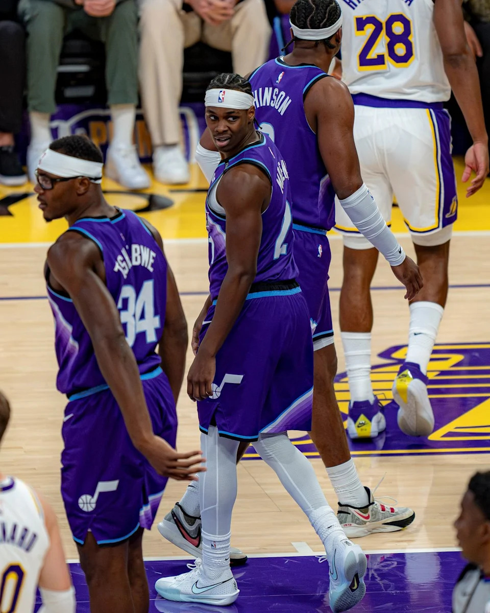 Utah Jazz guard Ben Mbeng (21) during an NBA basketball game against the Los Angeles Lakers on April 12th, 2026 in Los Angeles, CA.
