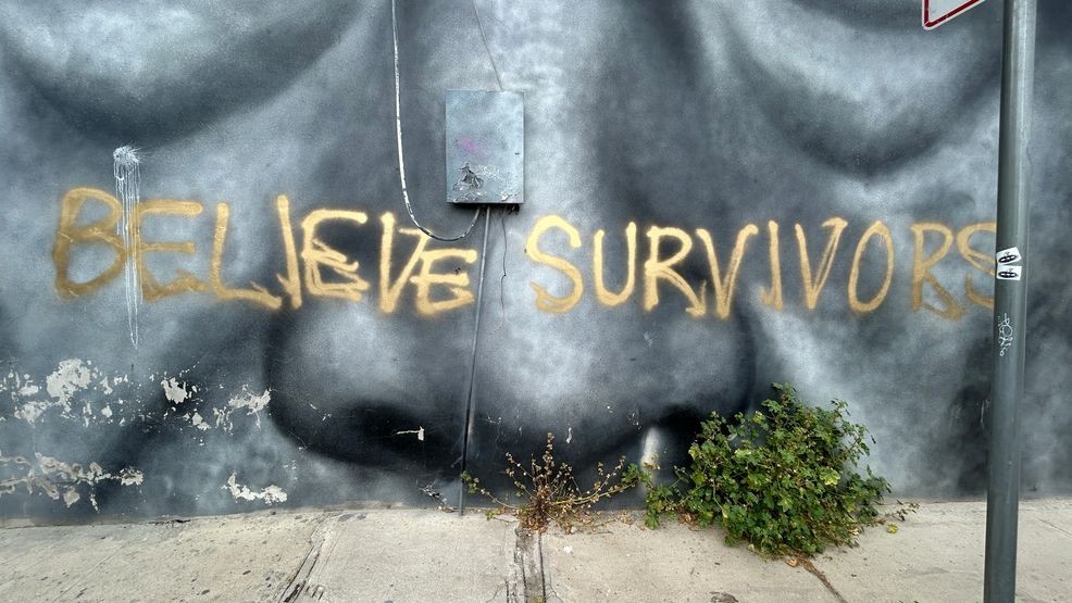The Cesar Chavez mural in downtown Bakersfield was defaced with the words “believe survivors.” PHOTO: KBAK/KBFX