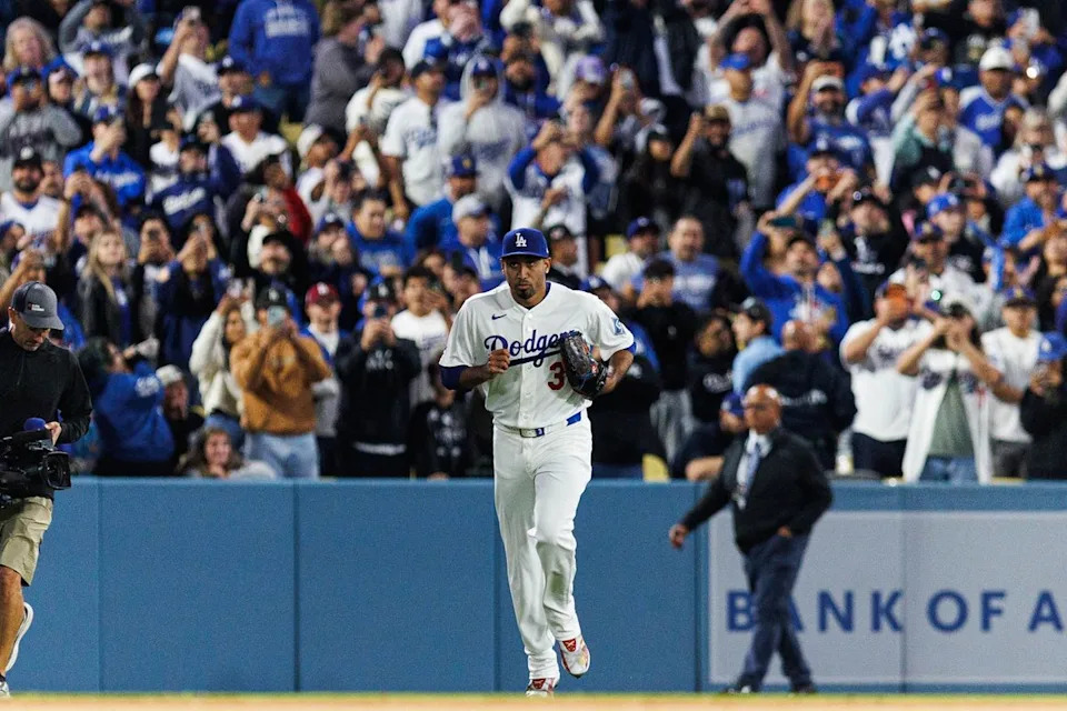 Edwin Díaz #3 of the Los Angeles Dodgers enters the game during an MLB game against the Texas Rangers at Dodger Stadium on April 10, 2026 in Los Angeles, California.