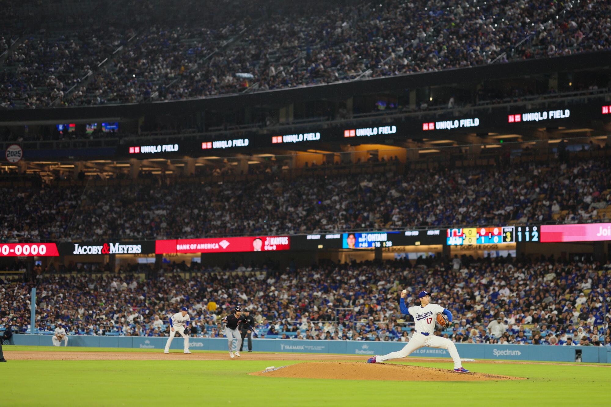 Dodgers pitcher Shohei Ohtani delivers during the second inning Tuesday against the Guardians at Dodger Stadium.