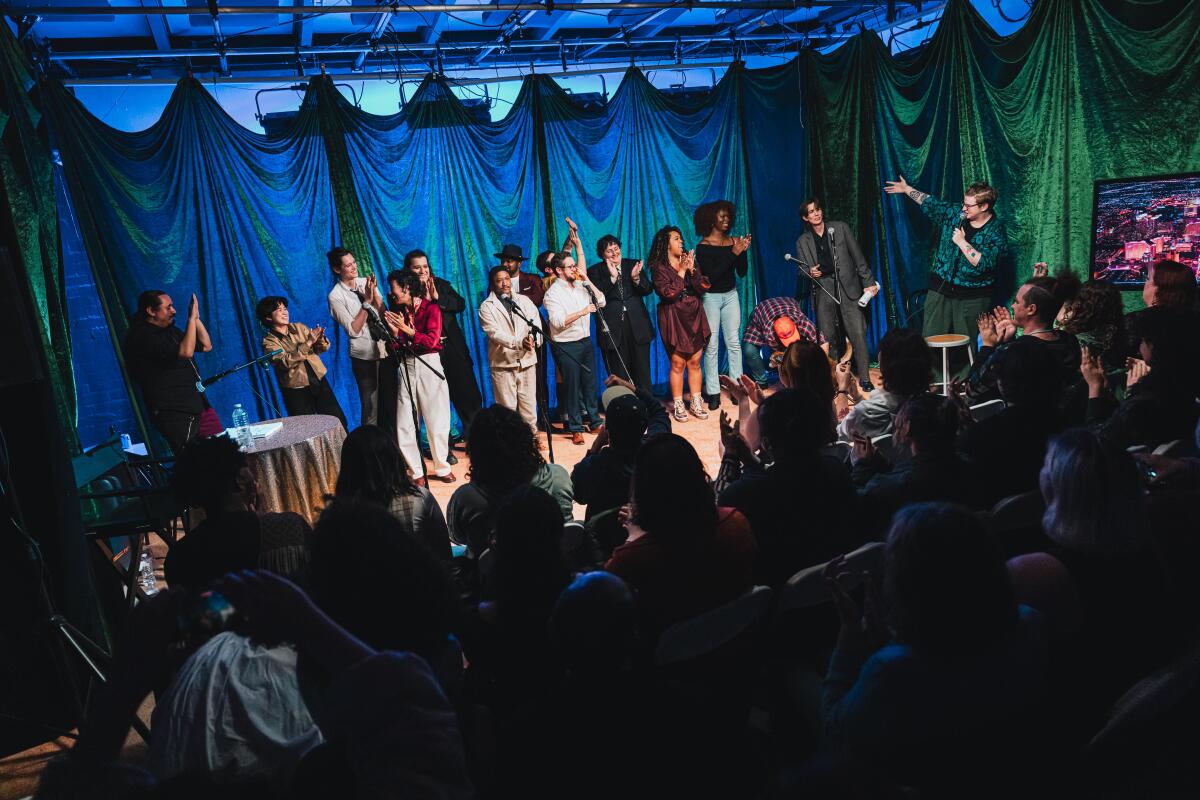 Group of performers on a colorful stage