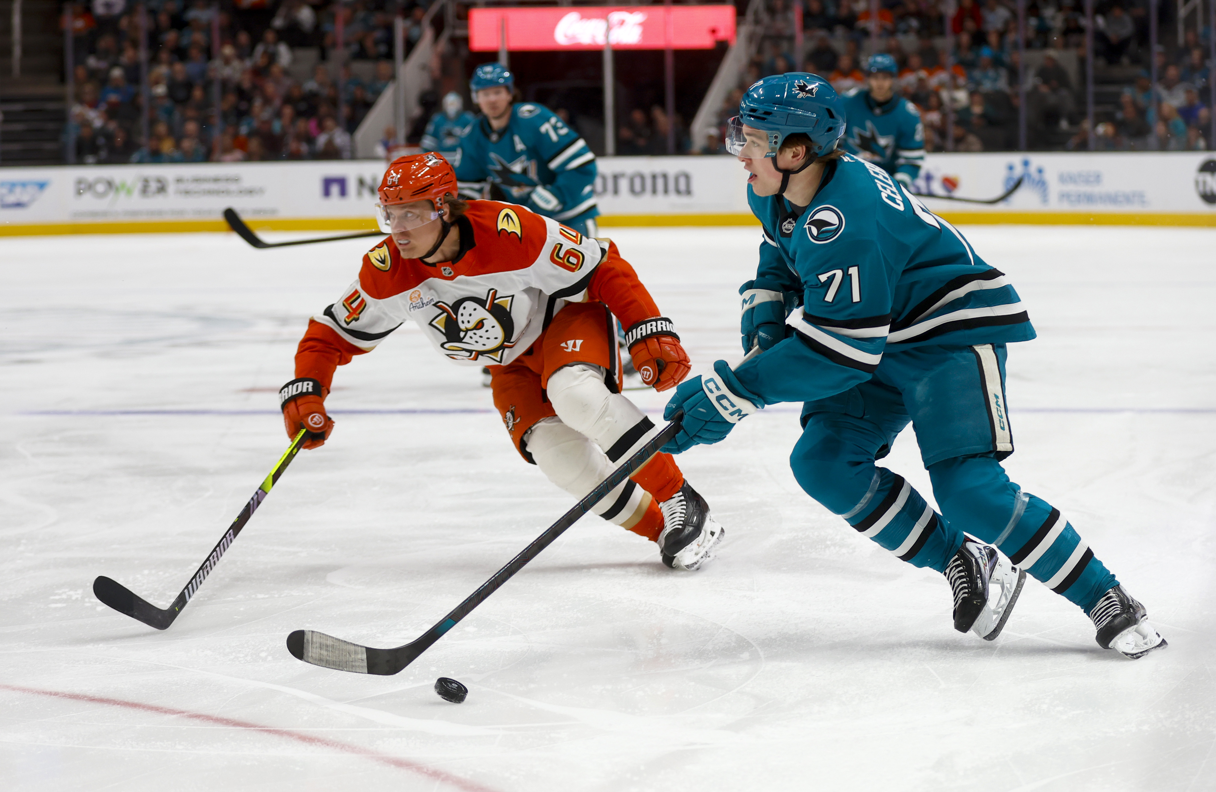 San Jose Sharks’ Macklin Celebrini (71) controls the puck against...