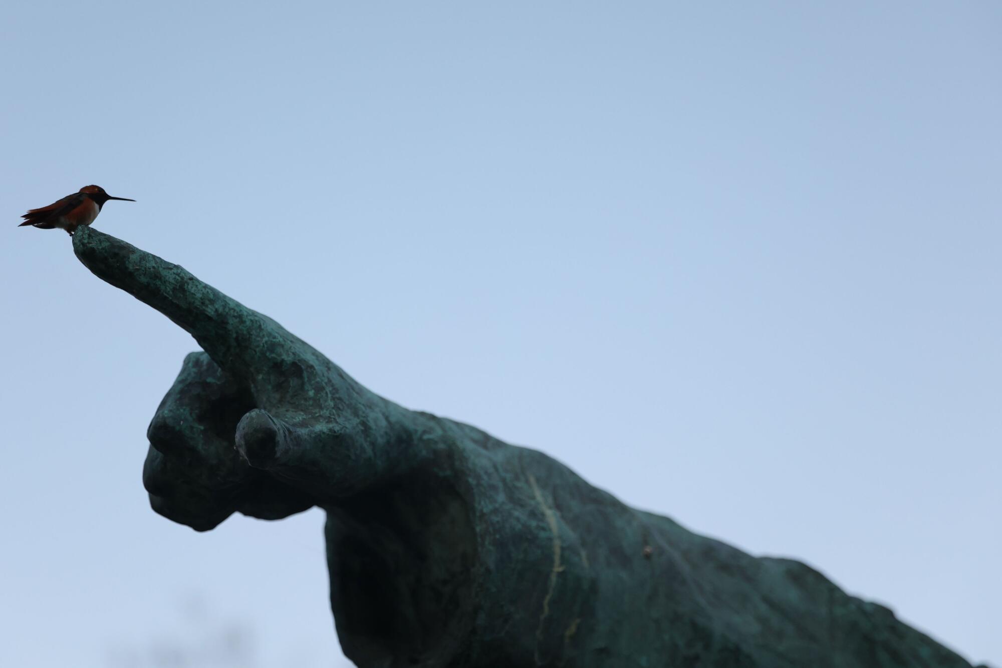 A bird stands on an index finger of a statue