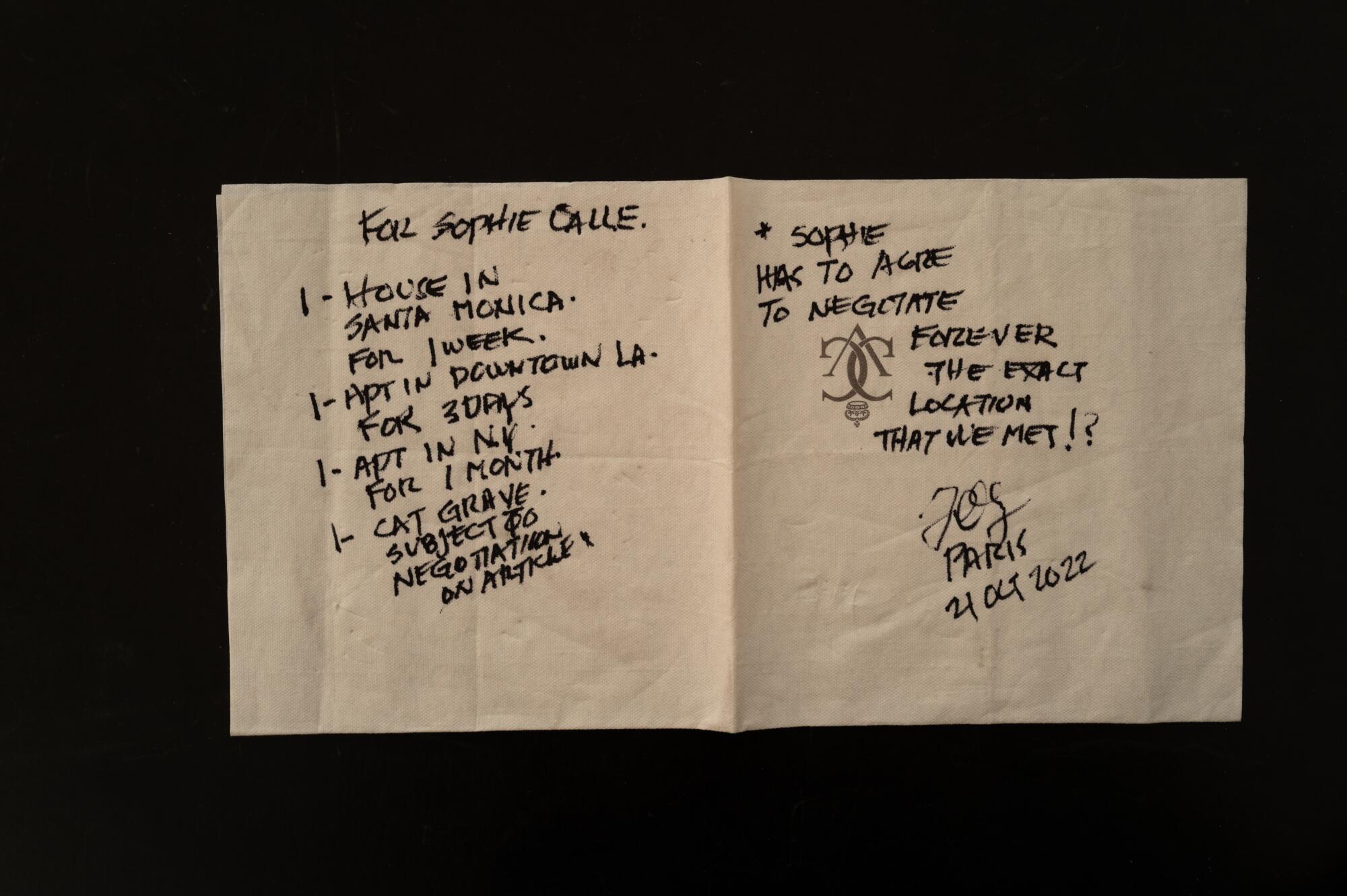 A handwritten list by Frank Gehry to Sophie Calle.