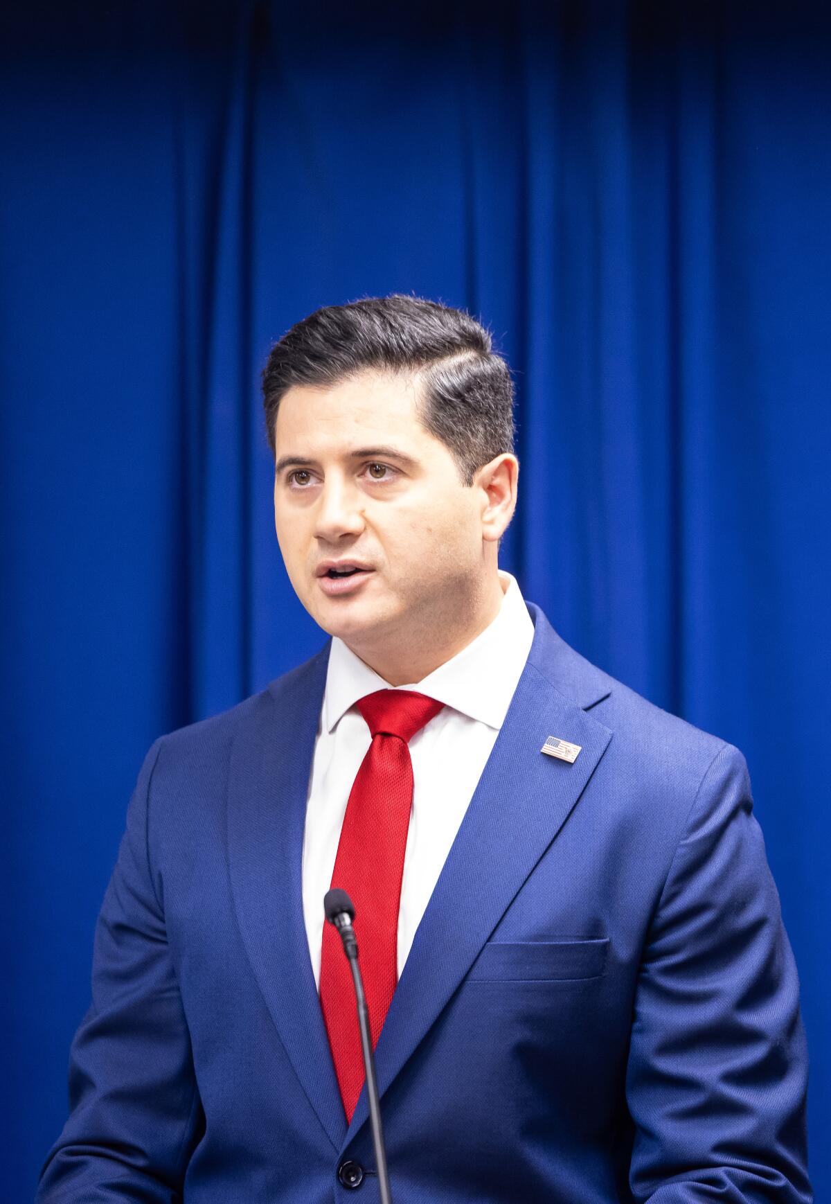 Acting U.S. Atty. Bill Essayli speaks during a news conference.