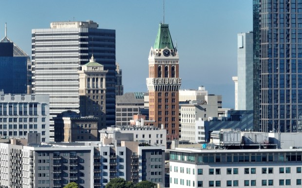 An aerial view of the Tribune Tower and downtown Oakland, Calif., on Wednesday, Jan. 21, 2026. (Jane Tyska/Bay Area News Group)