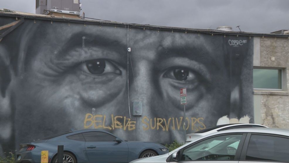 The Cesar Chavez mural in downtown Bakersfield was defaced with the words “believe survivors.” PHOTO: KBAK/KBFX