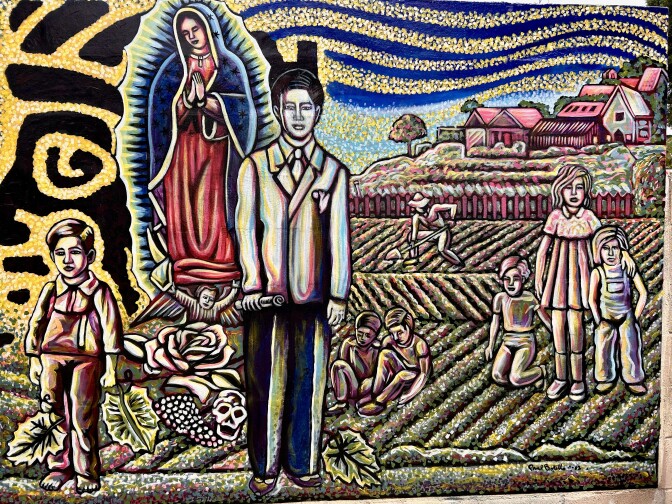 A painting depicts children of various ages on a farm.