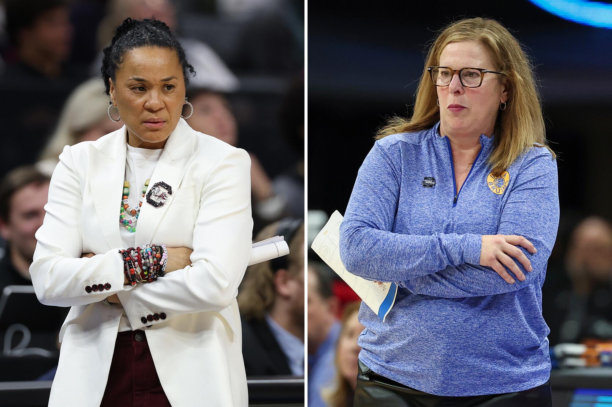 South Carolina coach Dawn Staley, left, believes UCLA coach Cori Close is a strong advocate for women's basketball.