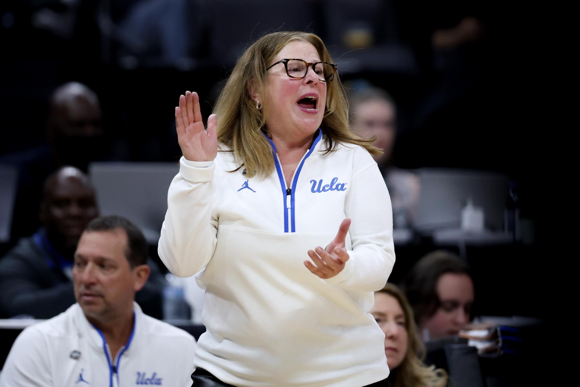 UCLA coach Cori Close reacts during the Bruins' win over Minnesota in the Sweet 16.