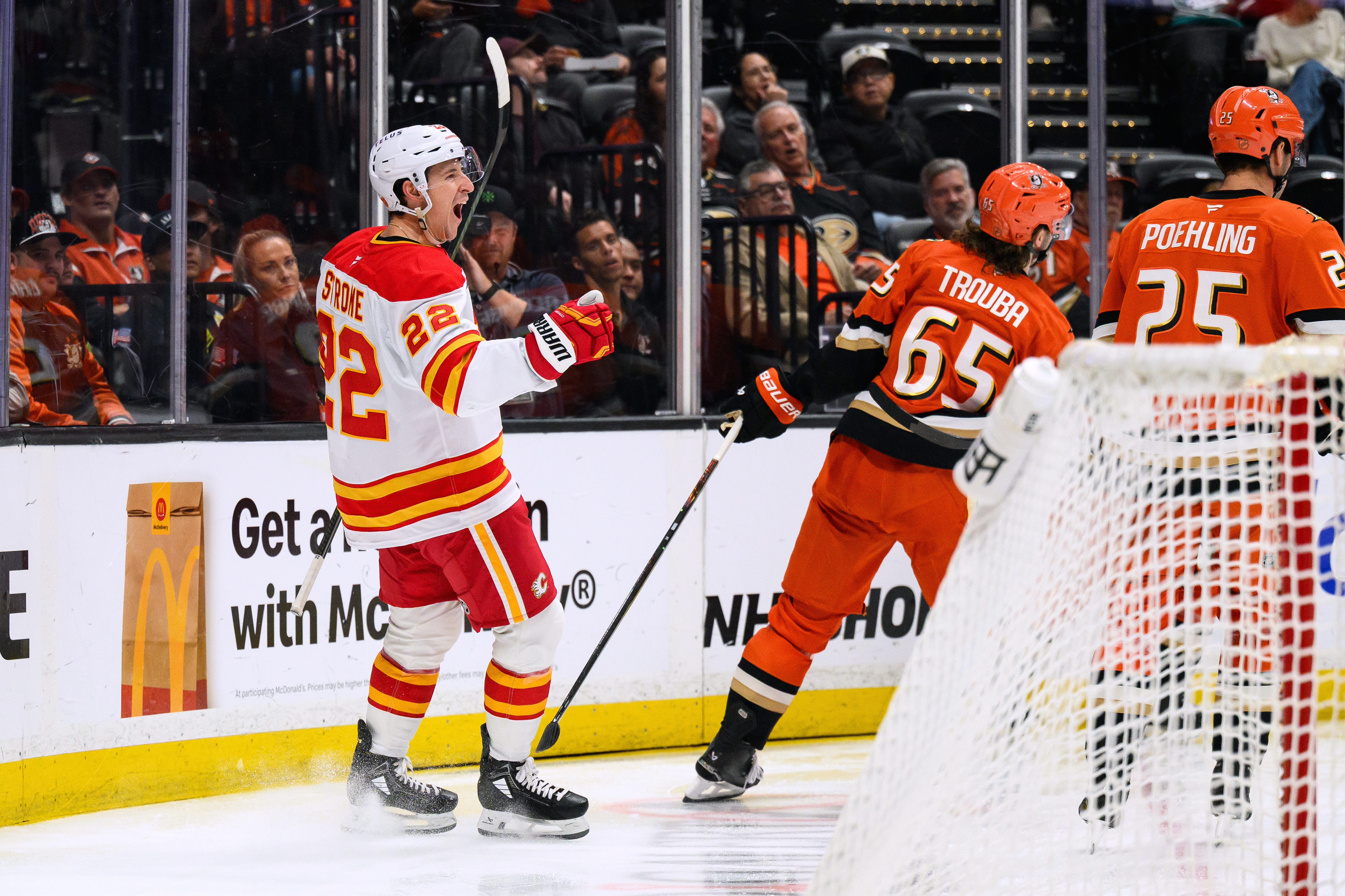 Calgary Flames center Ryan Strome (22) reacts after scoring during...
