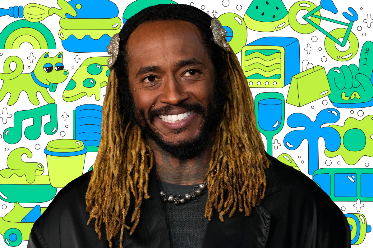 Photo of a person on a background of colorful illustrations like a book, dog, pizza, TV, shopping bag, and more