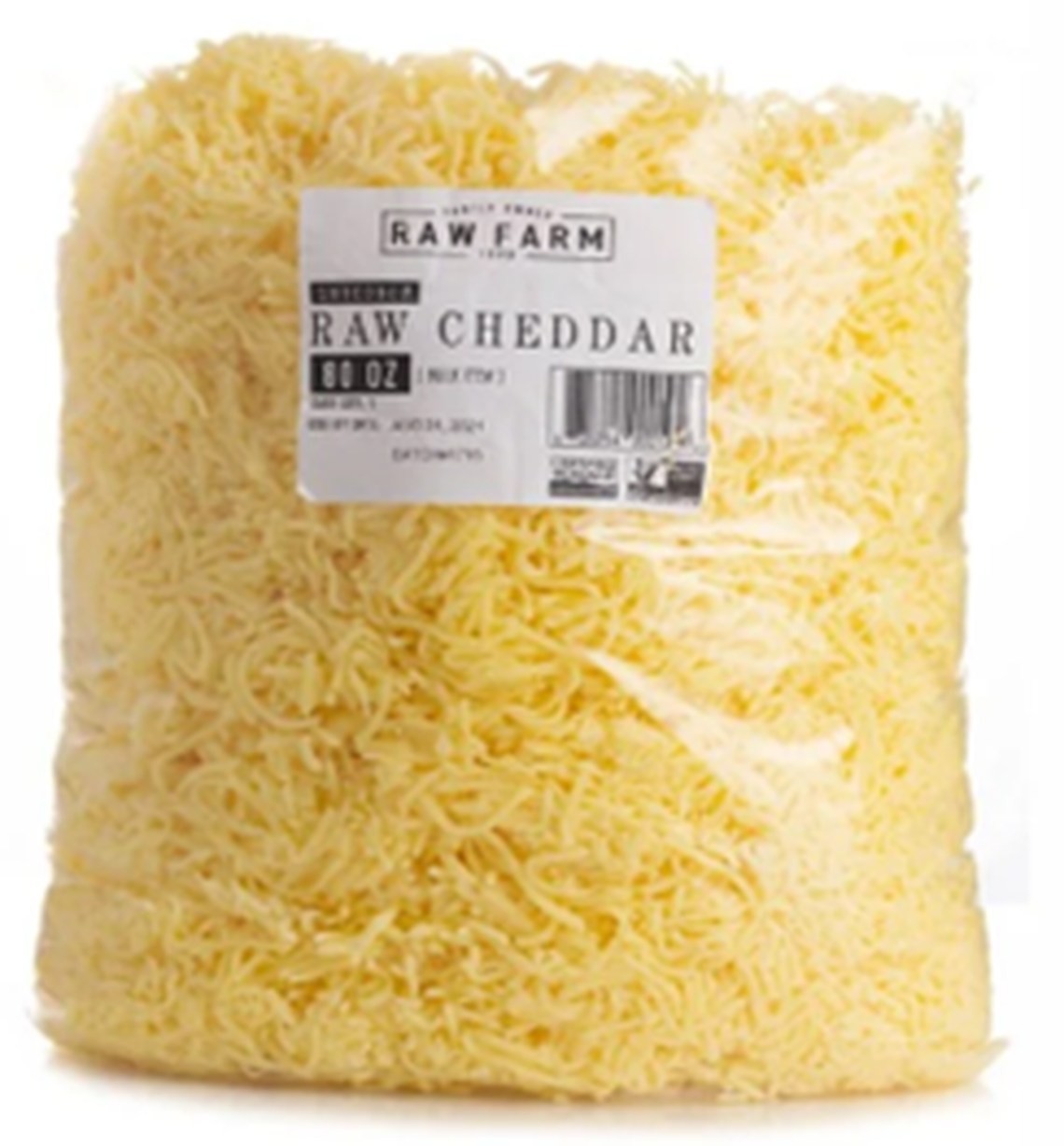 An 80-ounce bag of Raw Farm Original Raw Cheddar Shredded Cheese