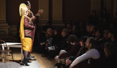 Nick Dickson performs the role of the ghost of Tim Finnegan (center) as audience members look on during a performance of 13th Floor Theater’s immersive play “Finnegan’s Wake: An Immersive Irish Ghost Story” on Thursday, April 2, 2026. 