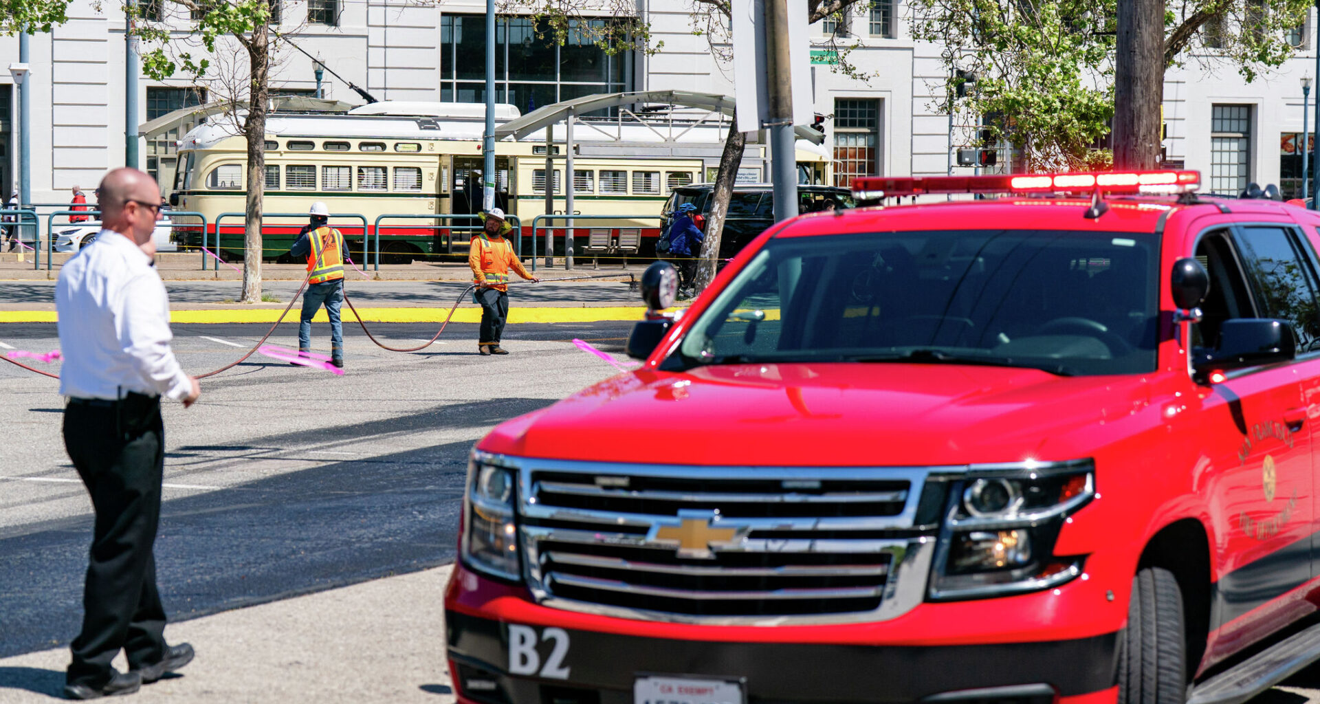 S.F. Muni streetcar collides with fire truck on the Embarcadero
