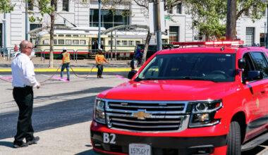 S.F. Muni streetcar collides with fire truck on the Embarcadero